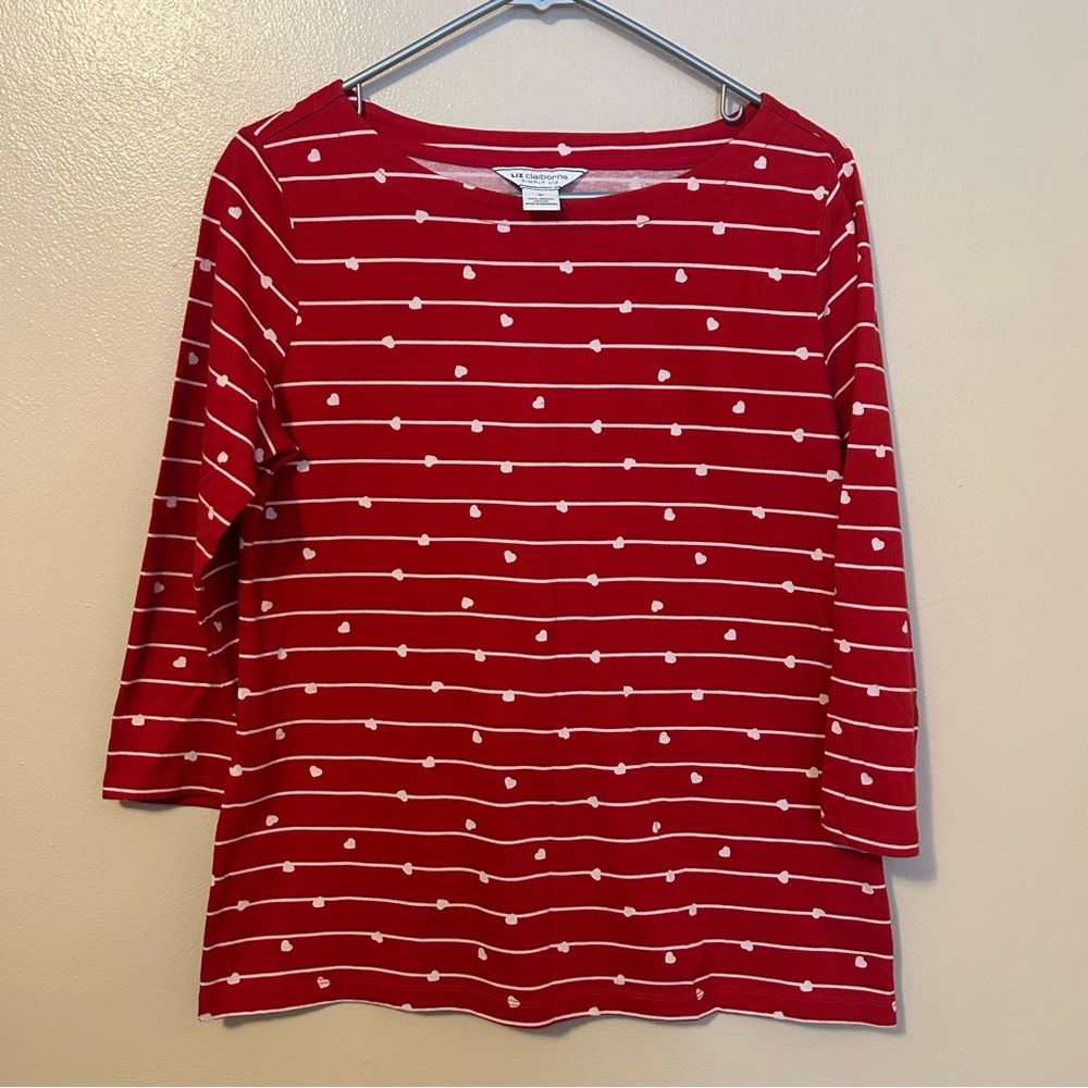 Liz Claiborne Red and White Patterned 3/4 Length Sleeve Top